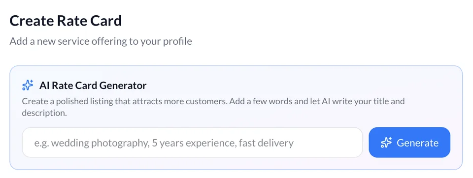 Create Rate Card screen with AI Rate Card Generator