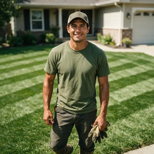 A lawn-care pro standing on a freshly mowed, striped lawn