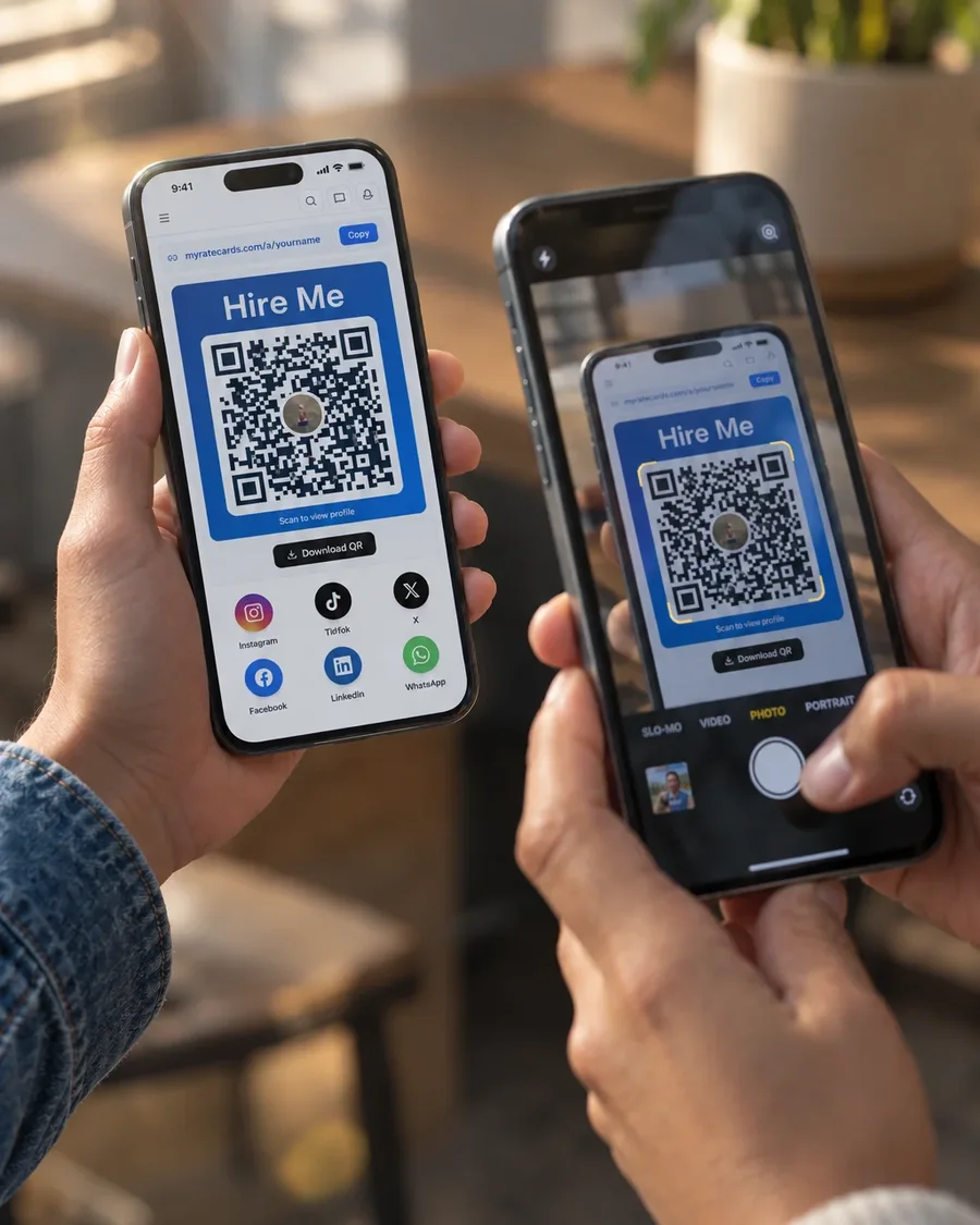 A customer scanning a pro's RateCards QR code with their phone camera